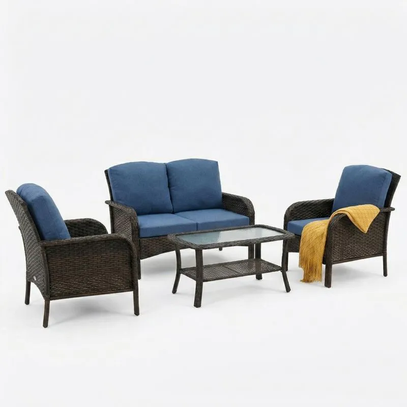 Conjunto de Muebles de Jardín Ratán Sintético Azul Vidrio Templado 4 Piezas-Sylverando