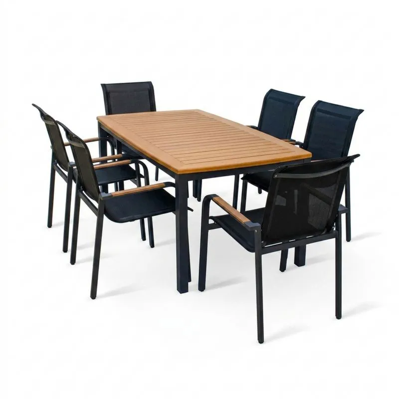 Juego de mesa y sillas de jardín de aluminio y teca con 6 sillas-Sylverando