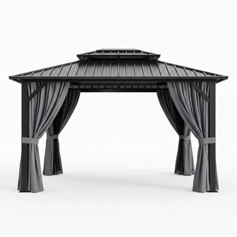 Pérgola de Aluminio con Techo de Acero y Cortinas de Poliéster-Sylverando