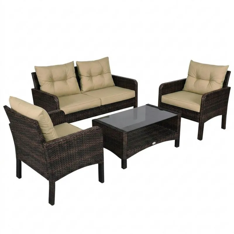 Conjunto de Muebles de Jardín de Ratán Sintético Marrón con Cojines Beige-Sylverando