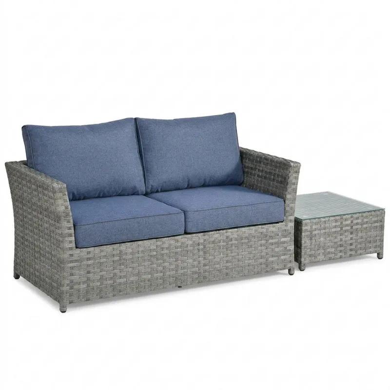 Conjunto de Sofá de Ratán Sintético Gris y Mesa con Cojines Azules-Sylverando