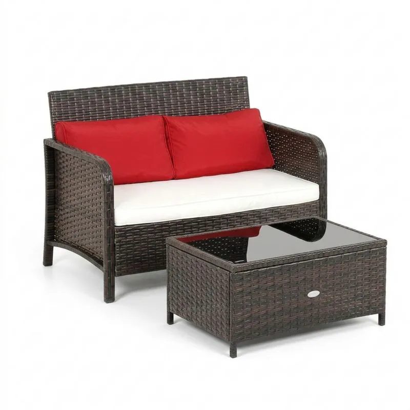 Conjunto de Muebles de Ratán Sintético con Cojines y Mesa de Vidrio Templado-Sylverando