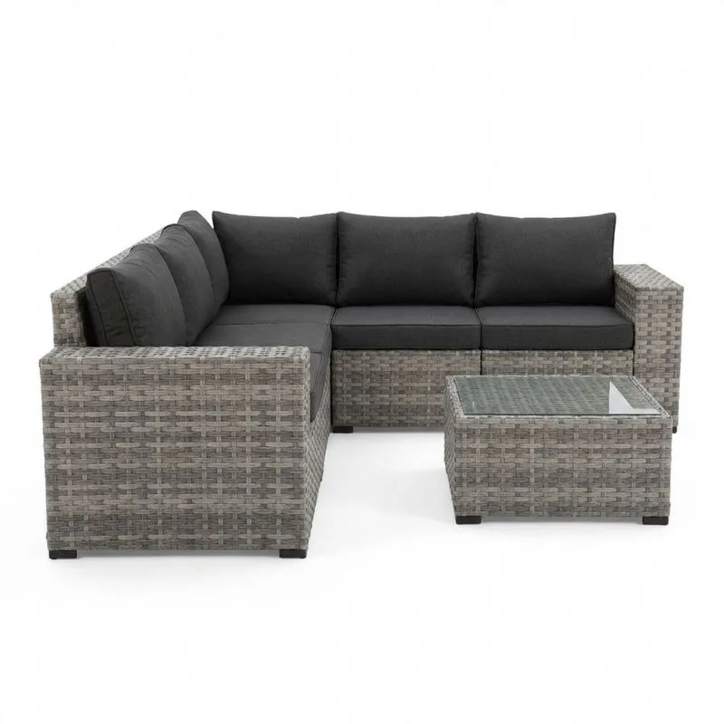 Conjunto de Sofá Esquinero de Rattan Gris y Mesa con Cojines Negros-Sylverando