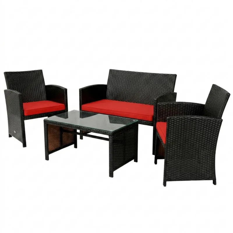 Conjunto de Muebles de Ratán Sintético Negro con Cojines Rojos y Mesa de Vidrio-Sylverando