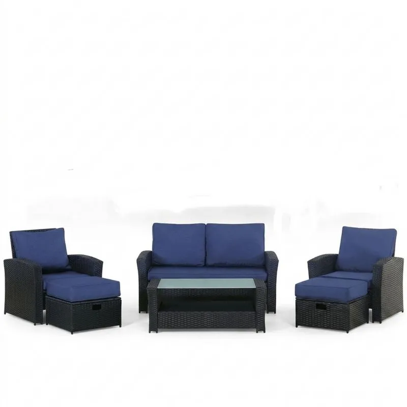 Juego de Muebles de Jardín de Ratán Sintético Azul y Negro con Cojines y Mesa de Vidrio-Sylverando