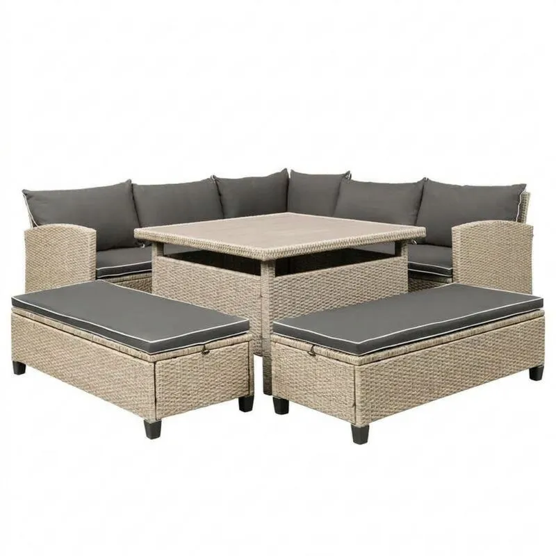 Conjunto de Muebles de Ratán Sintético Beige con Cojines Grises-Sylverando