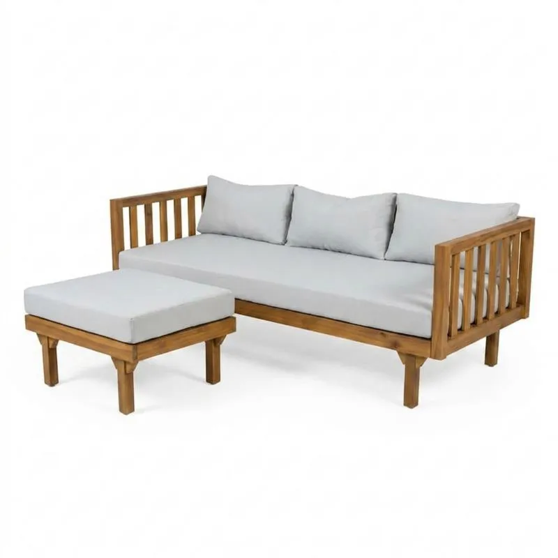 Sofá y otomana de madera de acacia con cojines grises-Sylverando