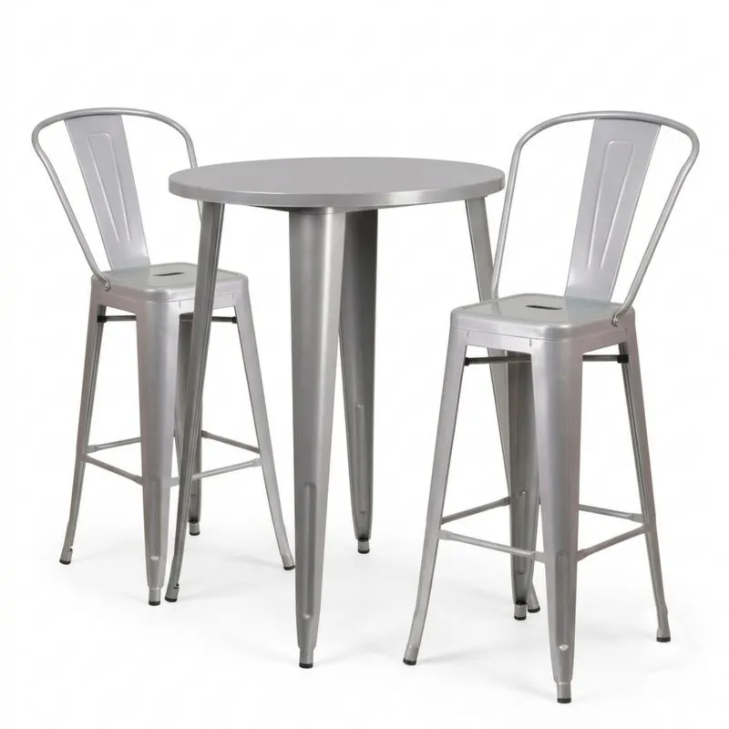 Conjunto de mesa alta y dos taburetes de acero galvanizado plateado-Sylverando