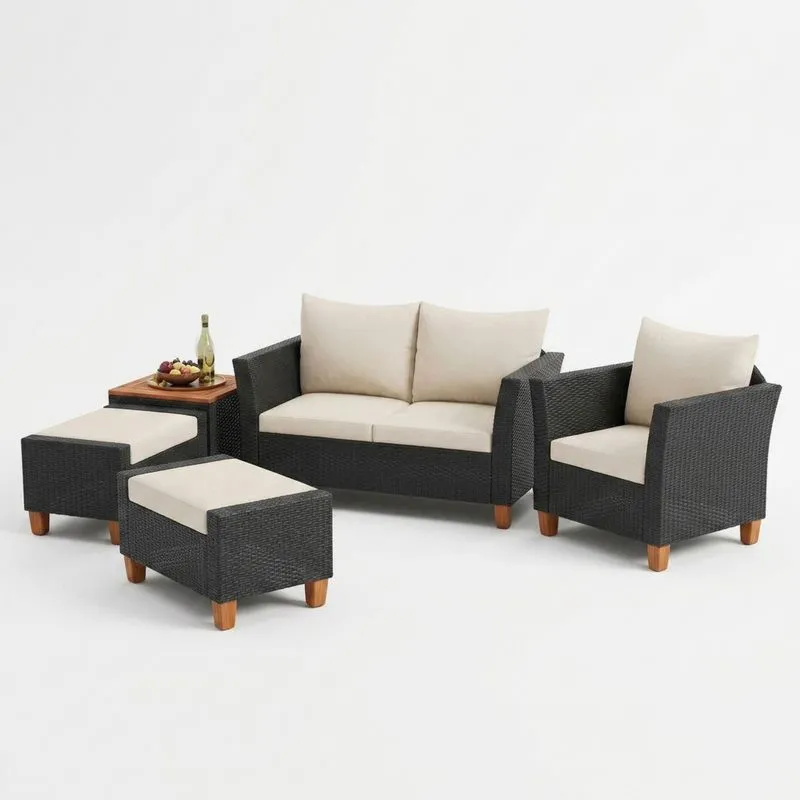Conjunto de Muebles de Exterior de Ratán Negro y Cojines Crema-Sylverando