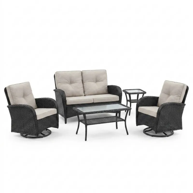 Conjunto de muebles de exterior de ratán sintético negro con cojines crema y vidrio-Sylverando