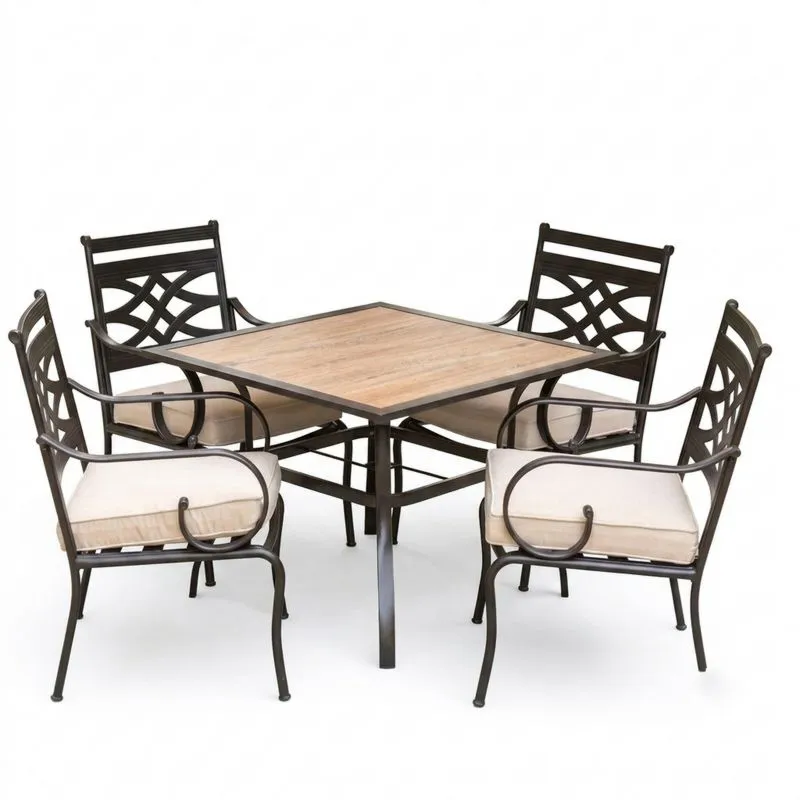 Juego de mesa de roble y sillas de acero con cojines beige-Sylverando