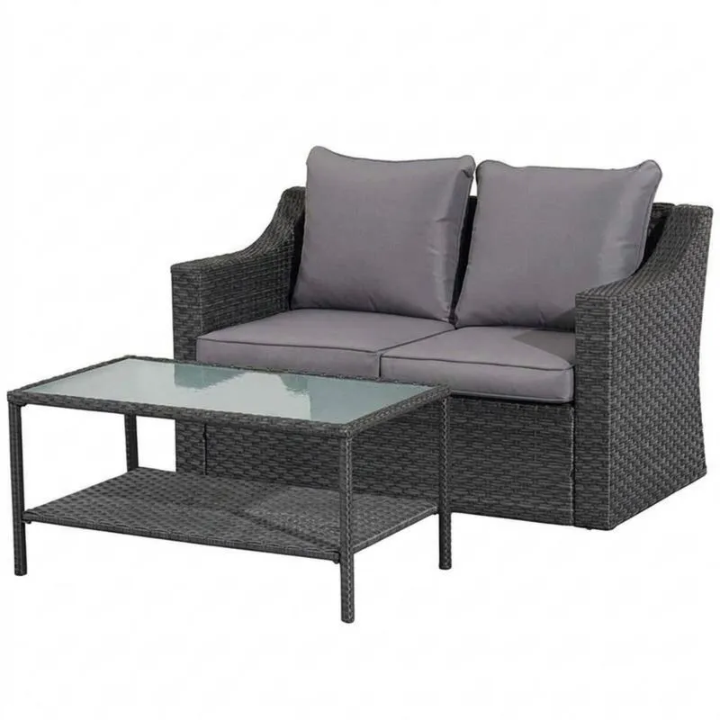 Conjunto de Jardín Sofá Doble y Mesa Rattan Gris Vidrio Templado-Sylverando