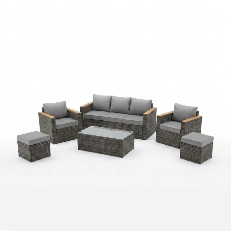 Conjunto de muebles de jardín de ratán sintético gris con cojines-Sylverando