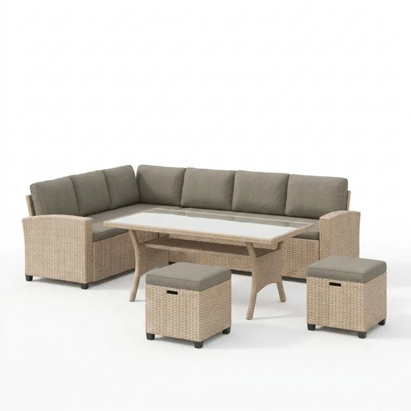 Set de Muebles de Jardín de Ratán Sintético Beige con Cojines Grises-Sylverando