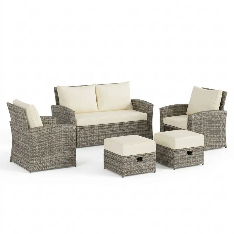 Juego de Muebles de Jardín de Ratán Sintético Gris Beige Cojines de Poliéster-Sylverando