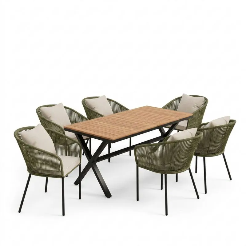 Juego de comedor para exteriores: Mesa de madera de acacia y 6 sillas de cuerda — Verde/Beige-Sylverando