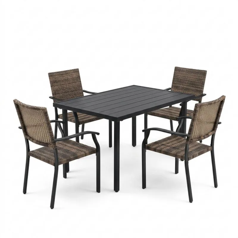 Conjunto de Mesa de Aluminio Negro con 4 Sillas de Rattán Sintético-Sylverando