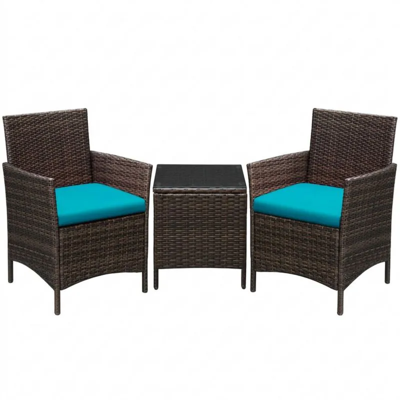 Conjunto de muebles de jardín en ratán con cojines azules, 3 piezas-Sylverando