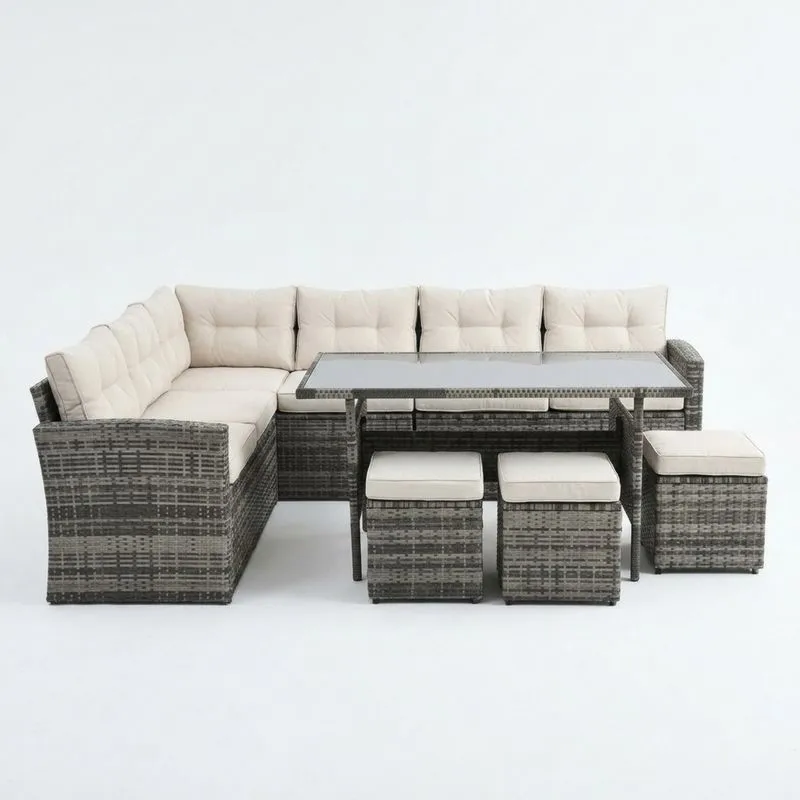 Conjunto de Muebles de Jardín de Ratán Sintético con Cojines Beige y Mesa de Vidrio-Sylverando