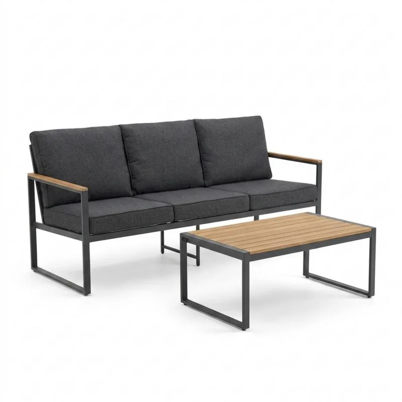 Conjunto de sofá y mesa de jardín de acero y teca 3 plazas gris-Sylverando