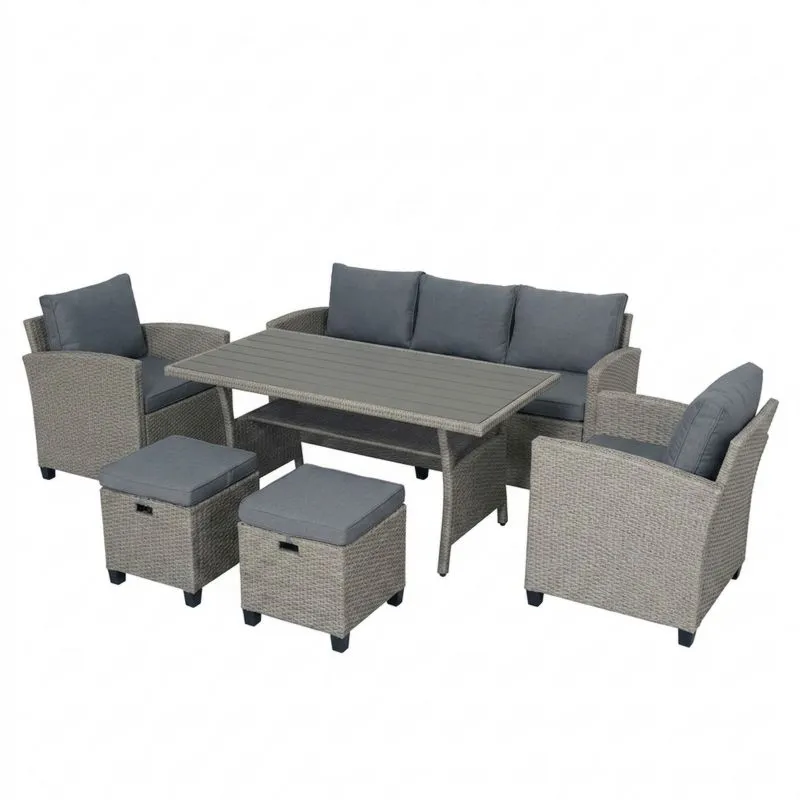 Conjunto de Muebles de Exterior en Rattán Gris con Mesa y Cojines-Sylverando