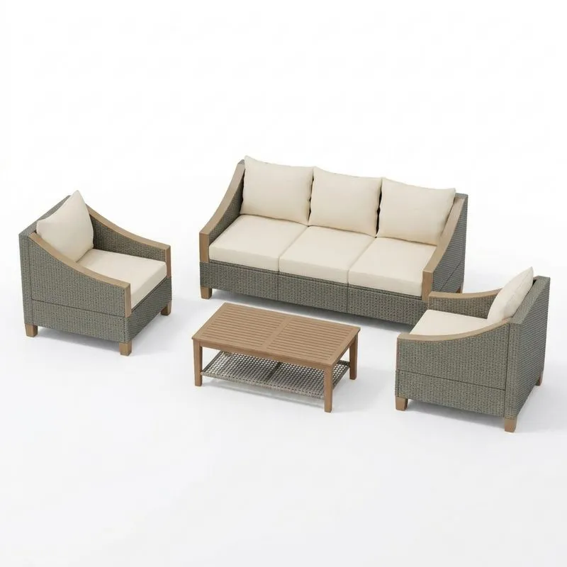 Conjunto de Muebles de Ratán Sintético para Exterior Gris y Beige-Sylverando