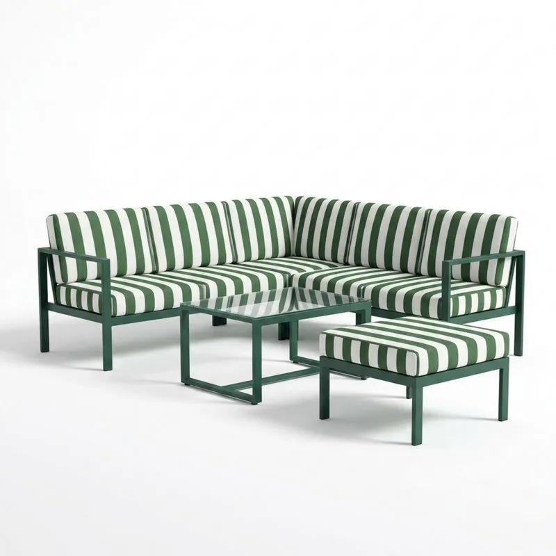 Conjunto de Sofá Esquinero de Jardín en Aluminio con Cojines Rayados Verde/Blanco-Sylverando