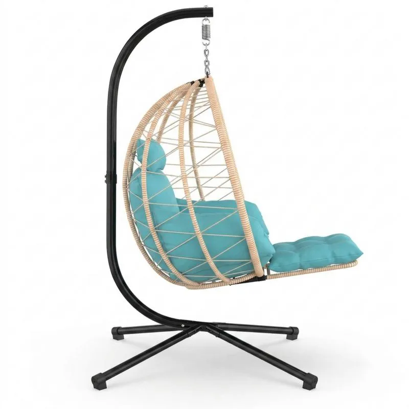 Silla Colgante de Ratán Sintético Azul con Cojines y Estructura de Acero Negra-Sylverando