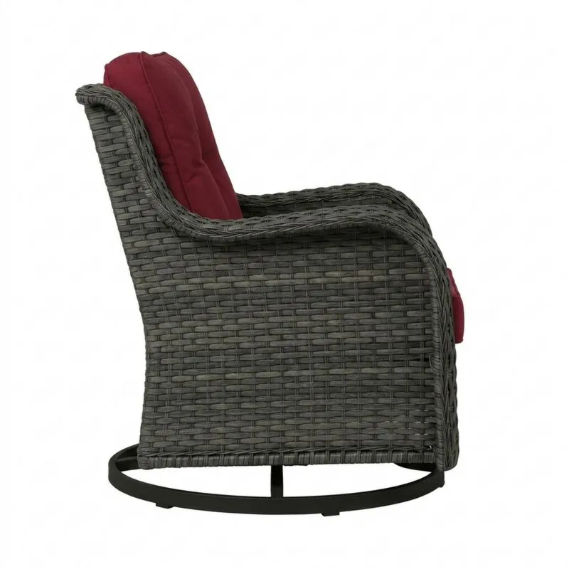 Sillón Giratorio de Ratán Sintético Gris Oscuro con Cojín Rojo-Sylverando
