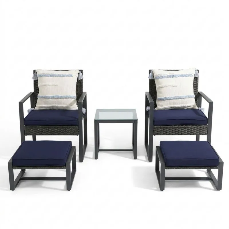 Conjunto de Jardín 5 Piezas Ratán Sintético Azul Vidrio Templado-Sylverando