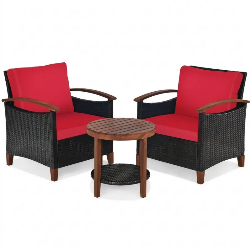 Conjunto de muebles de jardín de ratán y madera de acacia con cojines rojos-Sylverando