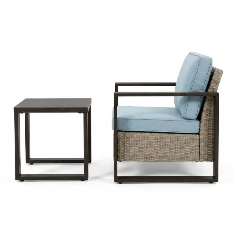 Conjunto de Silla y Mesa de Aluminio y Ratán con Cojines Azules-Sylverando