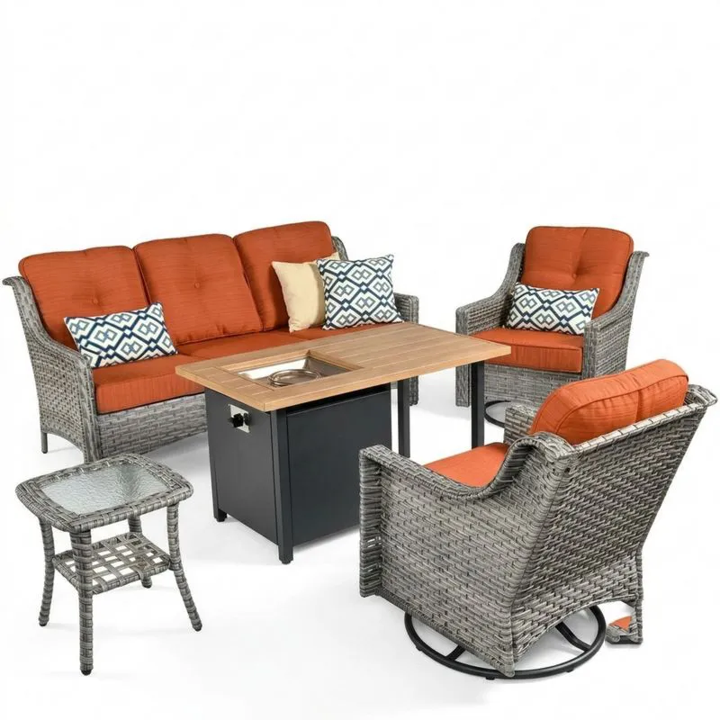 Conjunto de Muebles de Jardín de Ratán Gris con Cojines Naranja y Mesa de Fuego-Sylverando