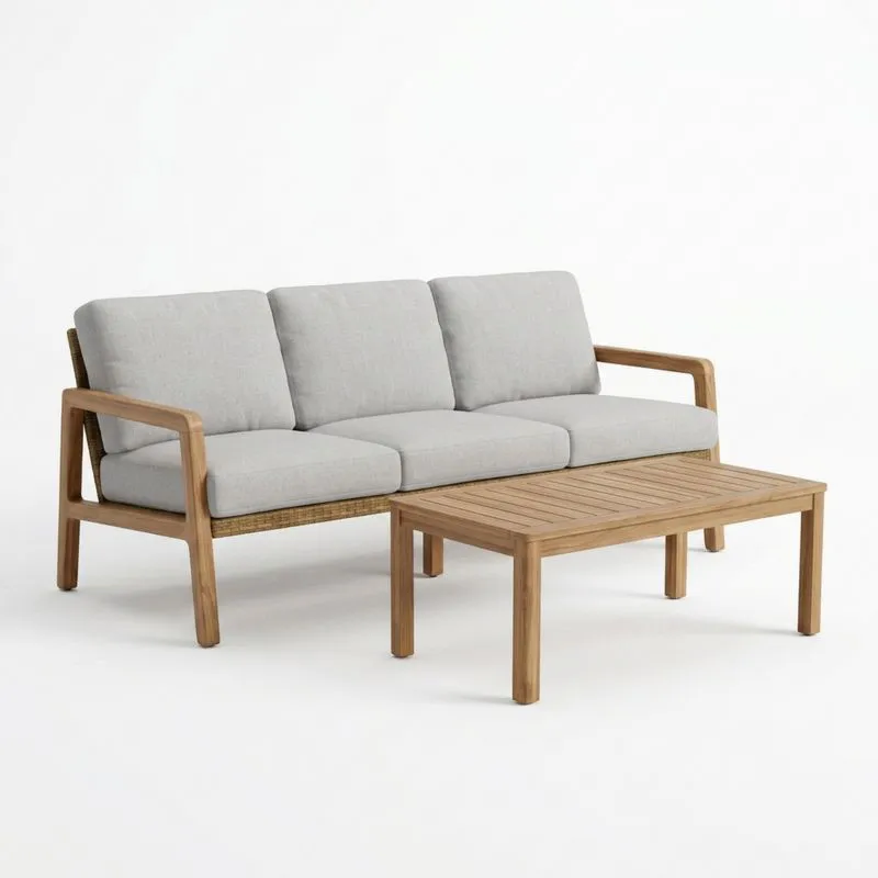 Conjunto de sofá de acacia de 3 plazas y mesa de centro de acacia con cojines grises-Sylverando