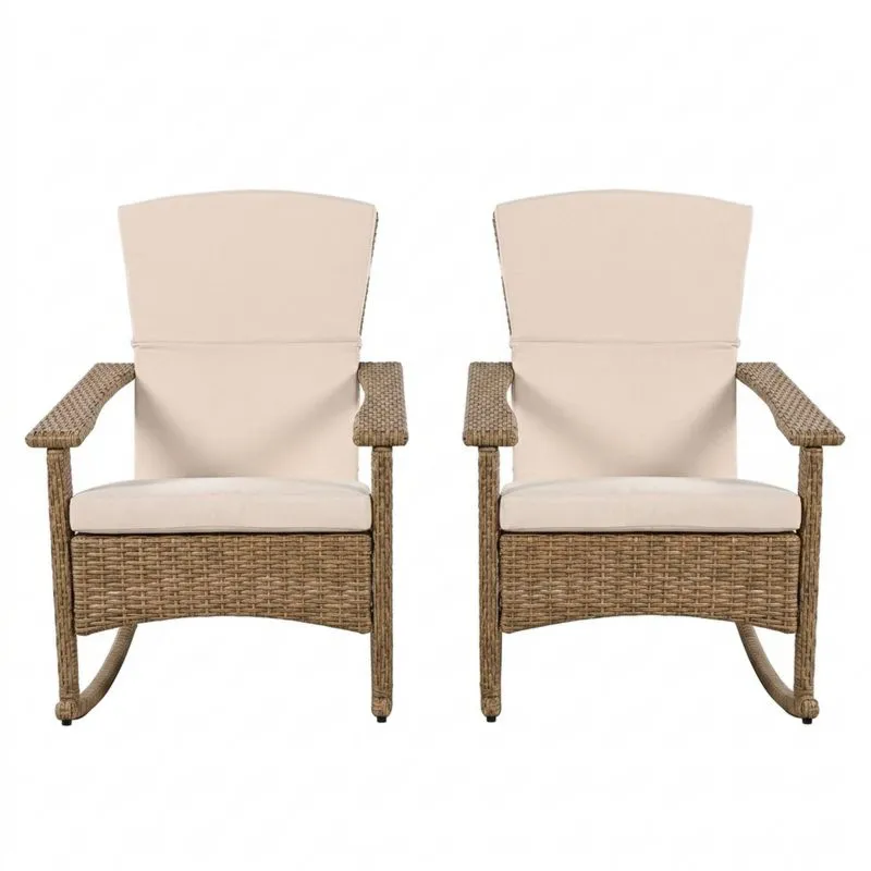 Conjunto de 2 mecedoras de ratán con cojines de poliéster beige-Sylverando