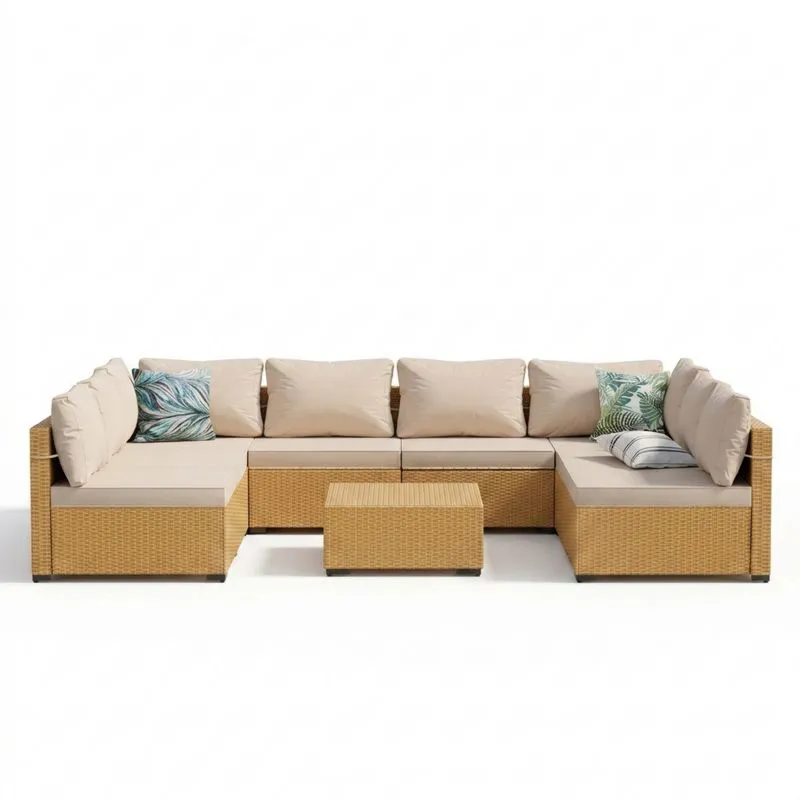 Conjunto de Sofás Esquinero Exterior de Ratán Sintético Beige 6 Plazas con Mesa-Sylverando