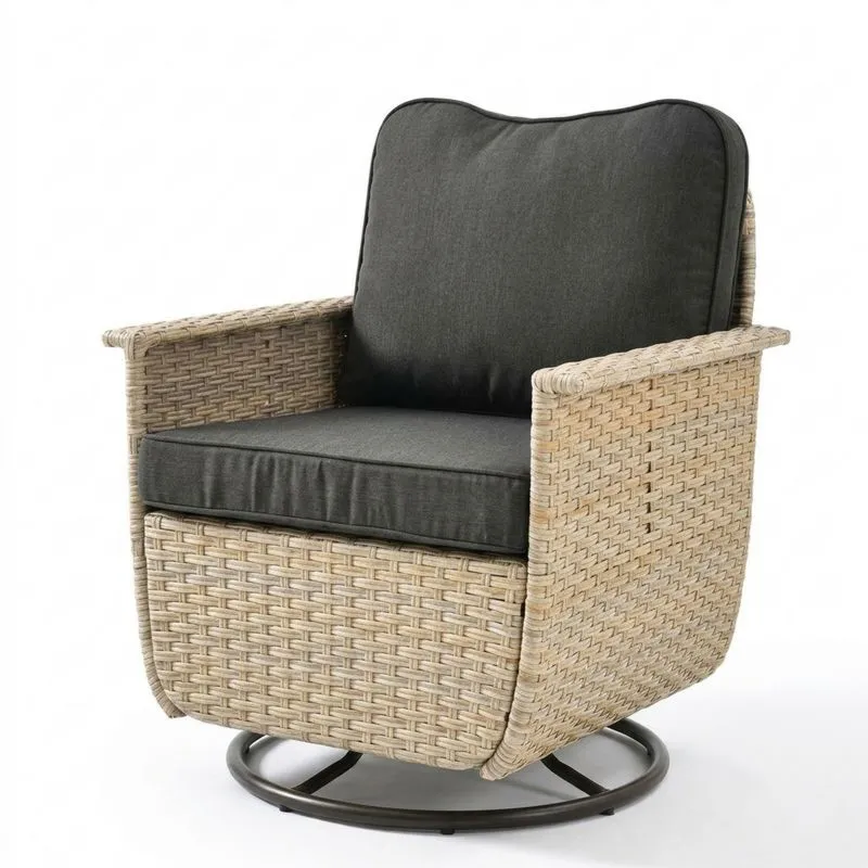 Sillón giratorio de ratán sintético beige y cojines de poliéster grises-Sylverando