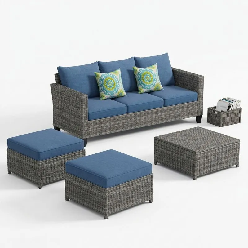Conjunto de Muebles de Ratán Gris con Cojines Azules para Exterior-Sylverando