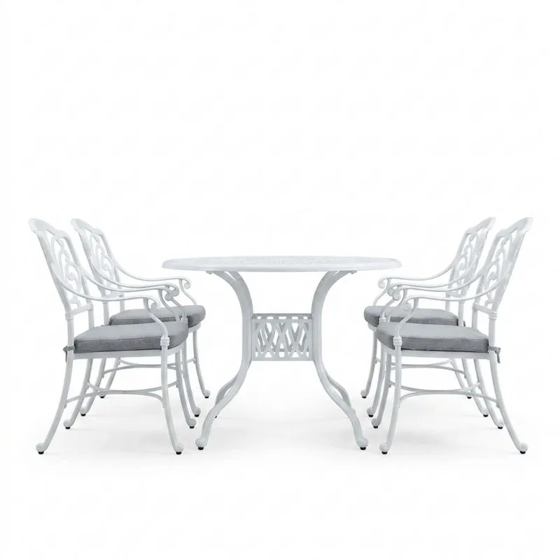 Set de comedor de jardín de aluminio blanco con cojines grises-Sylverando