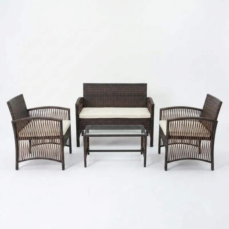 Conjunto de Muebles de Ratán Marrón con Cojines Crema y Mesa de Vidrio Templado-Sylverando