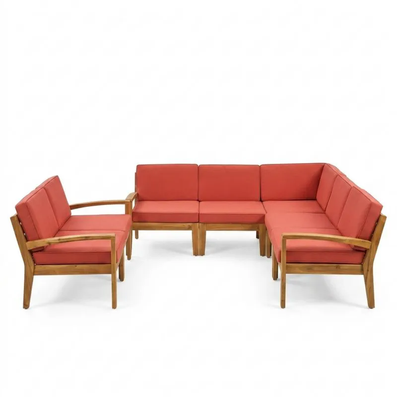 Juego de Sofá Modular Esquina Madera Teca Cojines Tela Roja 5 Piezas-Sylverando