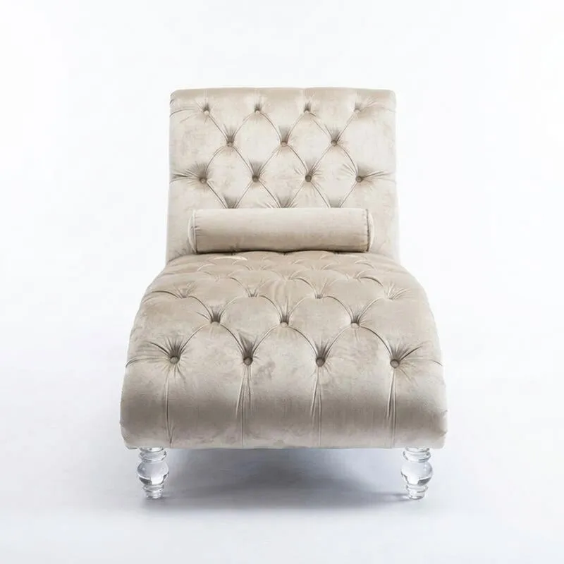 Chaise Longue de Terciopelo Beige con Patas de Acrílico-Sylverando