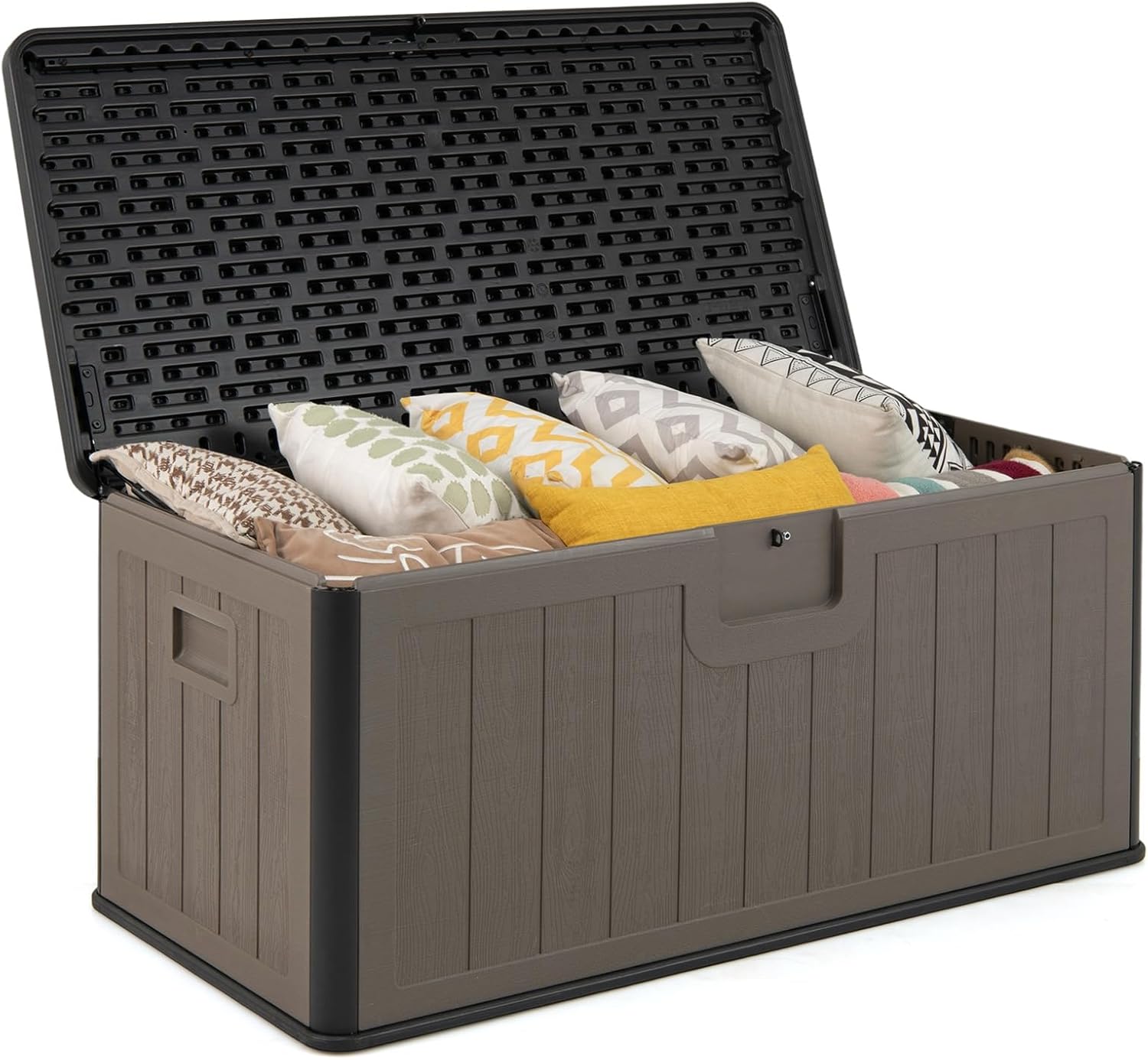 COSTWAY coffre de rangement exterieur 378L resine impermeable verrouillable outils jouets accessoires interieur exterieur brun noir-Roluxyhome