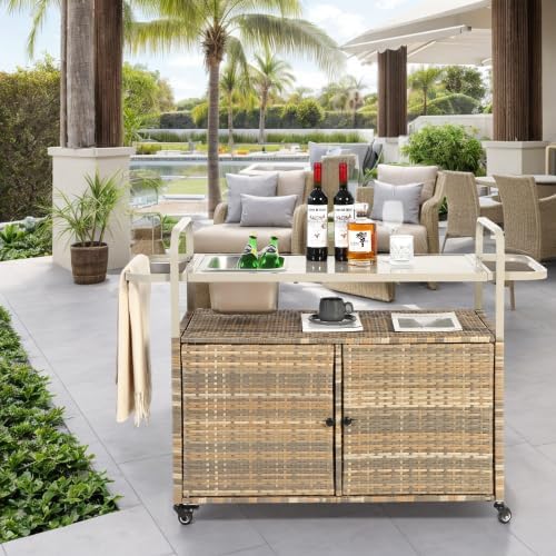 Chariot de bar beige avec armoire et glacière desserte exterieure rotin PE plateau acier 131x50 cm-Roluxyhome