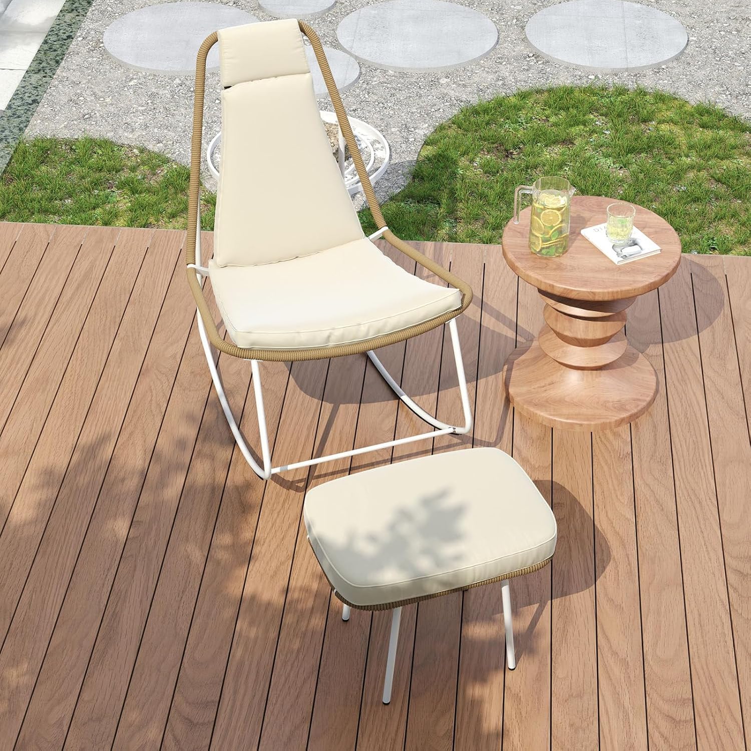 Fauteuil à bascule jardin rocking chair avec repose pieds style scandinave extérieur chaise loisirs corde tressée acier galvanisé usage balcon terrasse 103x406.5x80cm - fauteuil à bascule jardin scandinave - usage extérieur détente et confort-Roluxyhome