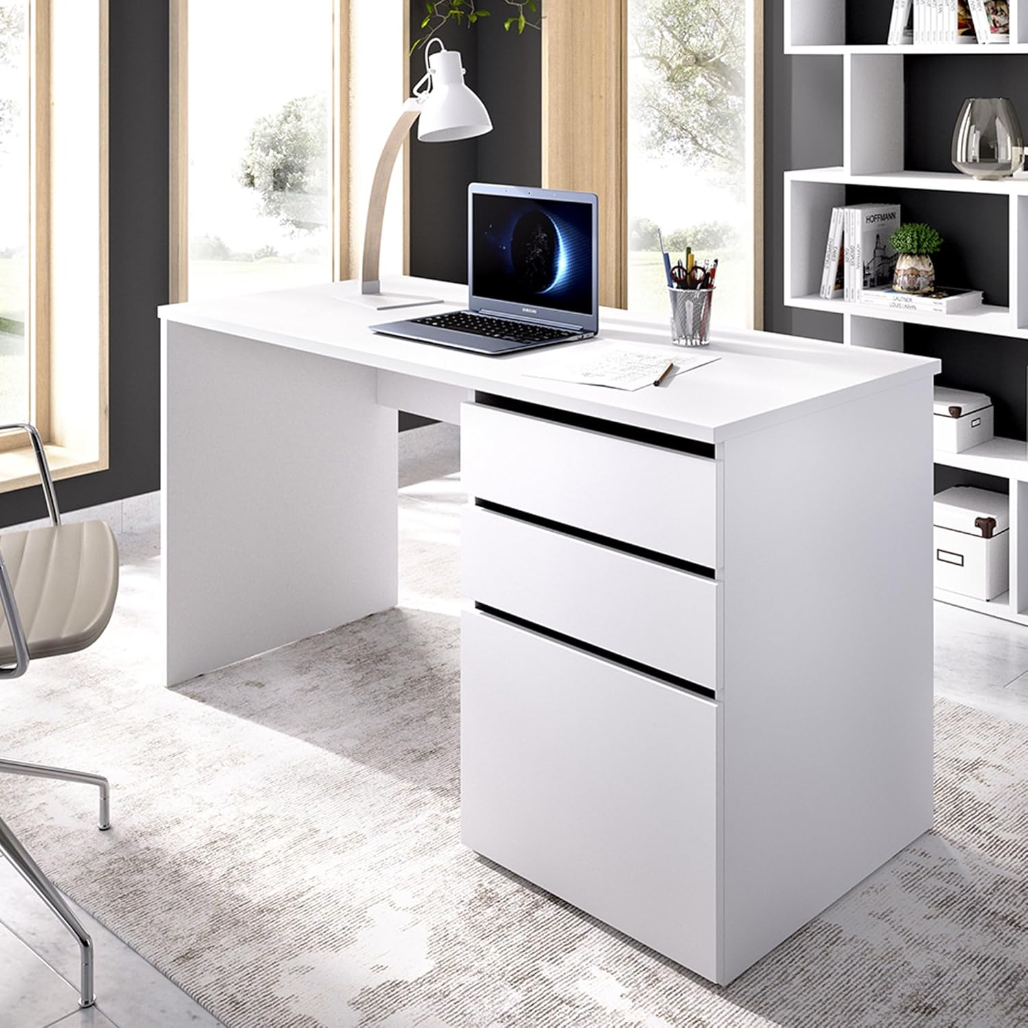 Dmora Lagoni bureau blanc - 139 x 60 x 75 cm panneau mélaminé et mélamine - 2 tiroirs 1 porte résistant rayures - chambre bureau étude-Roluxyhome