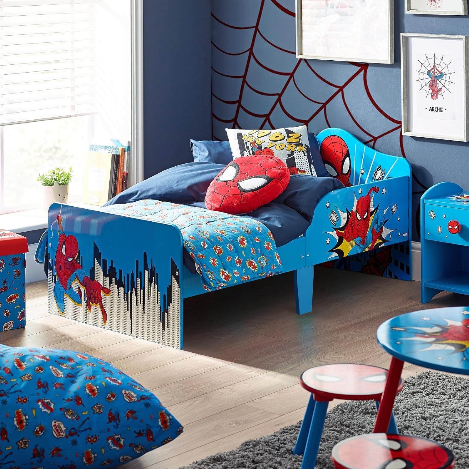 Marvel Spider-Man lit enfant bois ingenierie 140x70 cm structure securisee lateral protege lattes bois chambre enfant bleu-Roluxyhome