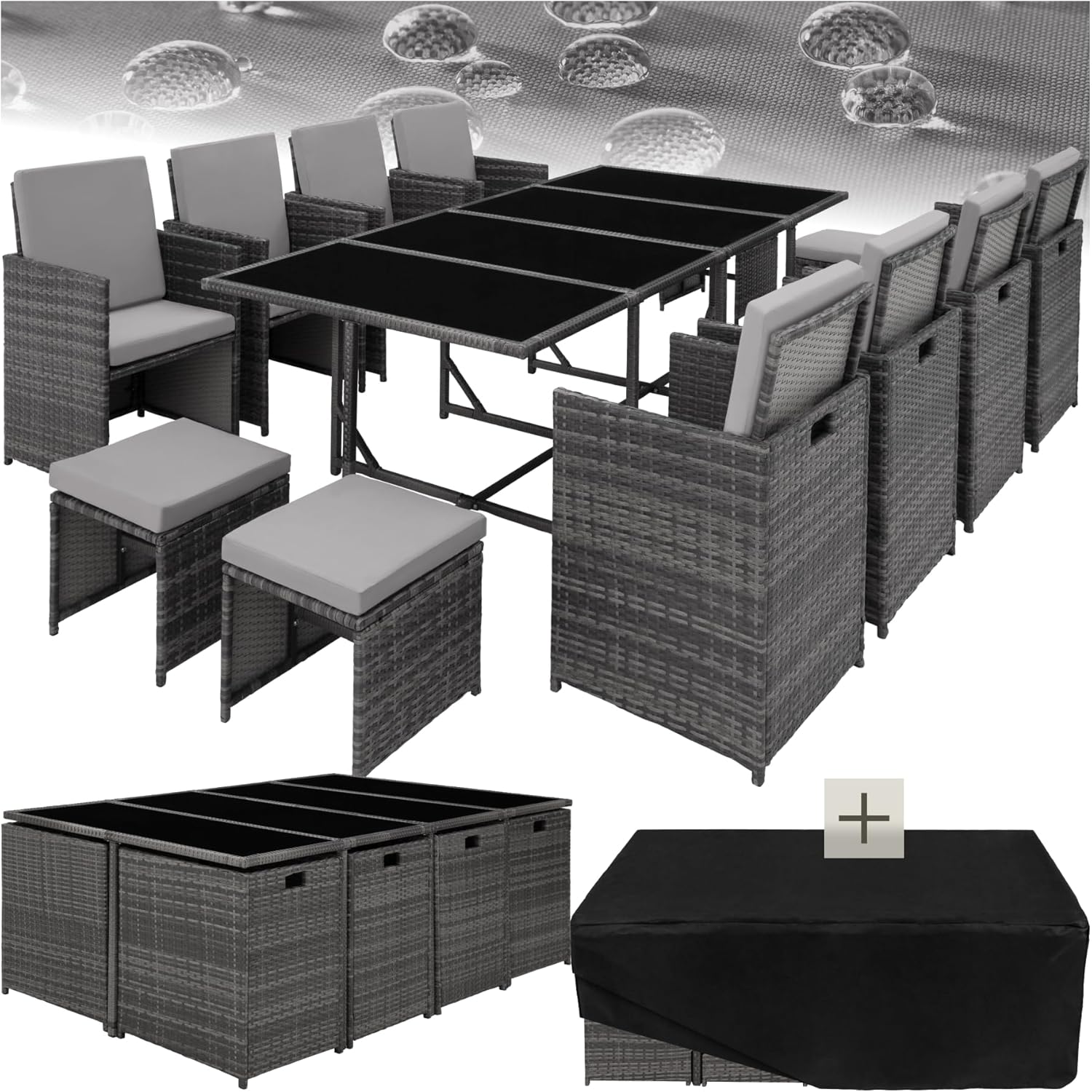 TecTake salon resine tresse ensemble repas exterieur 8 chaises 4 tabourets table mobilier jardin terrasse balcon gris-Roluxyhome