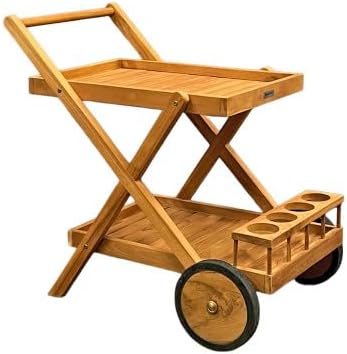 Belhome desserte 2 plateaux teck massif porte bouteilles chariot jardin teckia 54x85x80 cm-Roluxyhome
