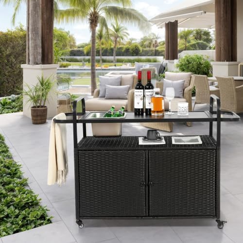 Chariot de bar extérieur noir avec armoire glacière desserte rotin PE plateau acier jardin terrasse-Roluxyhome